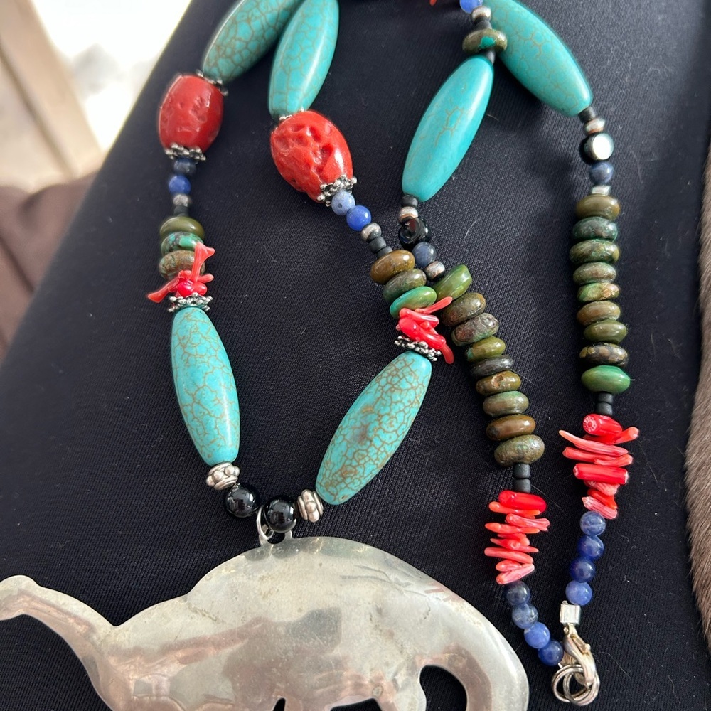Turquoise and Coral Beaded Elephant Pendant Necklace